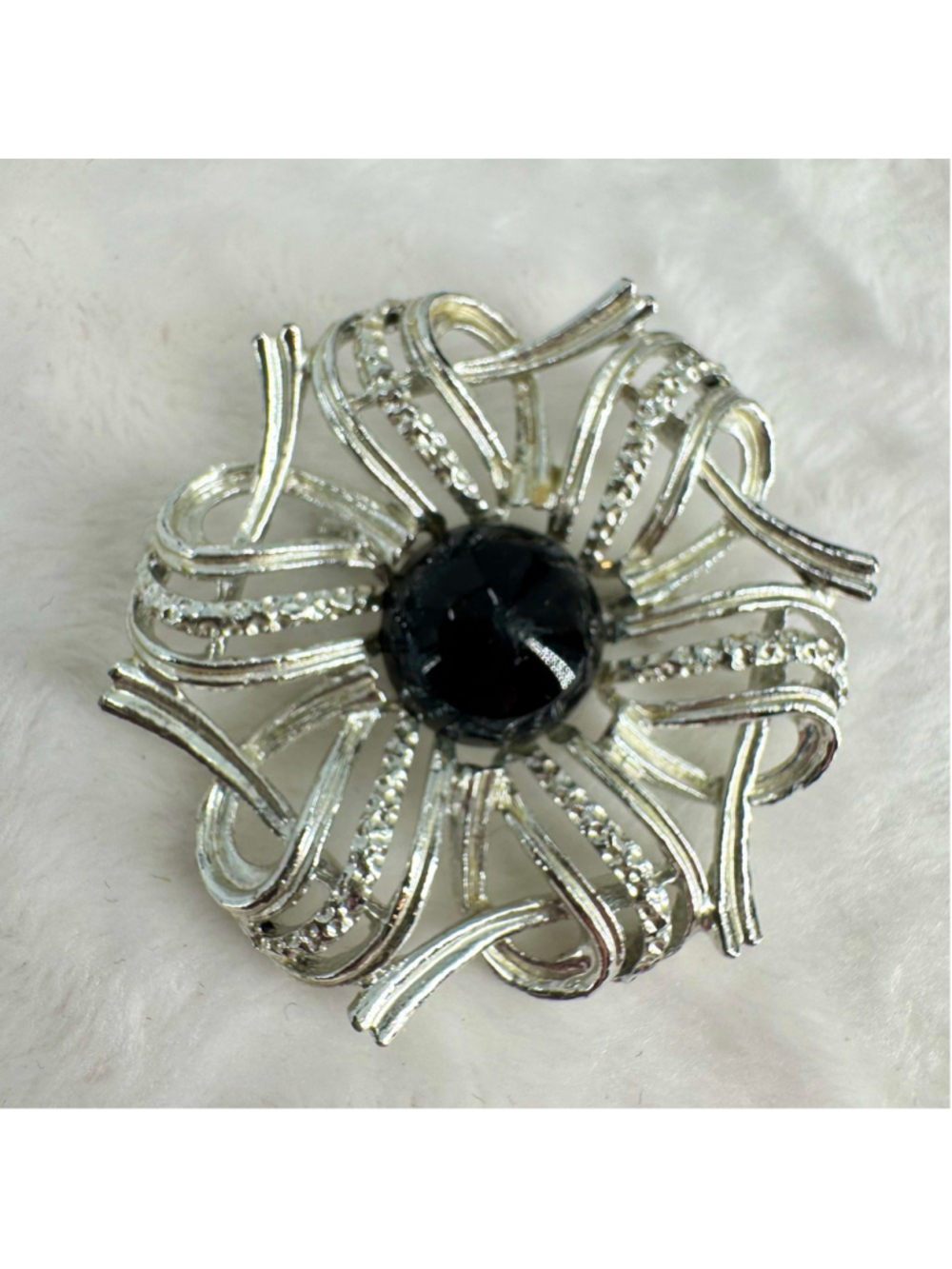 Vintage Gerry’s Silver Tone Flower Brooch Black Center Bead Midcentury Signed